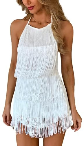 Ella Lust Women Sexy Fringe Dress Jumpsuit - Western Country Concert Outfit(White,M,1074a)