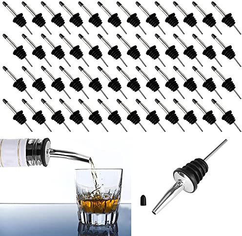 48 PCS Stainless steel bottle spout classic bottle pourers tapered spout liquor pourers with rubber dust caps for 1 inch bottle mouth, wine liquor olive oil coffee syrup vinegar bottles