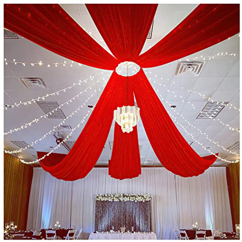 Fanqisi Red Ceiling Drapes 6 Panels 5ftx15ft Wedding Arch Draping Fabric Chiffon Wedding Drapes Curtain Decorations with Rod Pocket