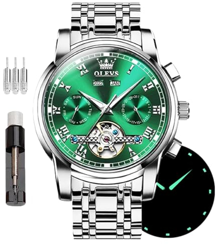 OLEVS Automatische Herrenuhr Tourbillon Selbstaufzug Mechanik Luxus Business Edelstahlband Leuchtende Wasserdichte Armbanduhr, 6607-white Gürtel Grünes Gesicht, Modern