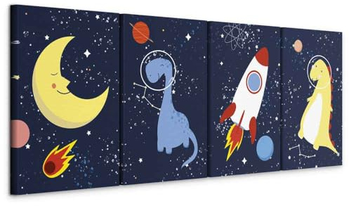 murando - Akustikbild Set Kinderzimmer Bilder Akustikschaum Hochleistungsschallabsorber Schallschutz Leinwand 4 tlg Wandbild Raumakustik Schalldämmung kosmische Dinosaurier