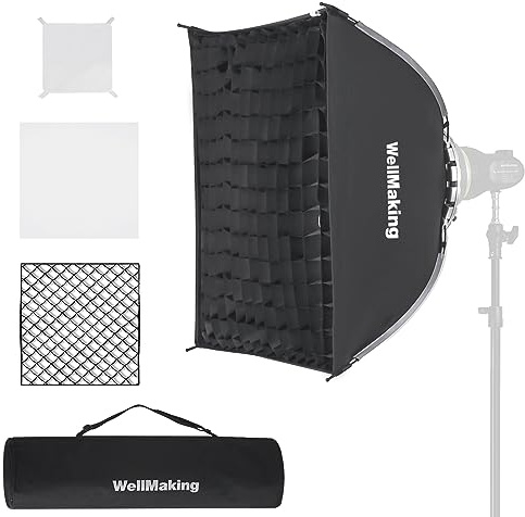WELLMAKING Rechteckige Softbox, 60 x 60 cm, Studio-Softbox mit Diffusoren/Wabengitter/Tasche, kompatibel mit Bowens-Halterungslicht für Portrait- oder Produktfotografie, Studioblitz, Monolight