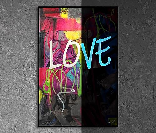 YS-Art XXL Abstrakt Fluoreszierendes selbst leuchtendes Acryl 3D Gemälde auf Leinwand Love handgemalt Wohndekor Pop Art modernes Bild echte Kunst 120x80 cm