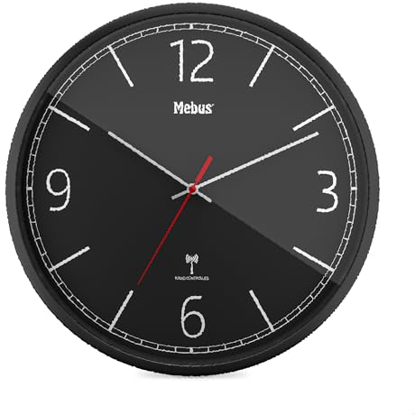 Moderne Funk-Wanduhr, präzises Funkuhrwerk, Vier Ziffern, Schwarz, 30 cm Durchmesser