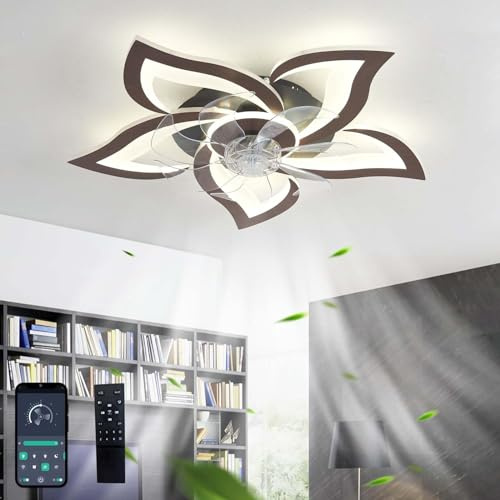 Design Ventilator Mit Licht Leise Moderne Dimmbar LED Lampe Mit Ventilator DC Reversibel 6 Gang Deckenventilator Mit Beleuchtung Und Fernbedienung Für Schlafzimmer Wohnzimmer- Black Wood grain