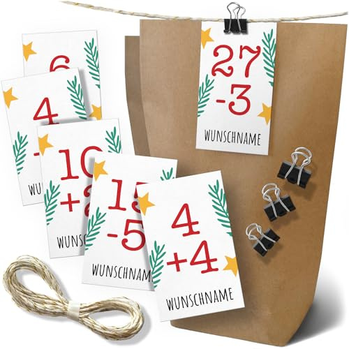 Großes Adventskalender Set PERSONALISIERT mit Wunschname - mit je 24 Tüten, Zahlen-Karten, Klammern und 5m Kordelband - Mathe Rechnen Aufgaben für Kinder Weihnachtskalender Weihnachten