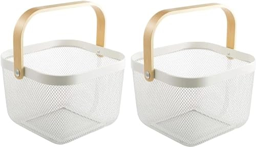 Sarmini 2 Stück Picknickkorb Obstkorb für Küche Theke Aufbewahrungskorb Erntekorb mit Griff Gartenkorb zum Ernten von Gemüsekorb Rechteck Metall Mesh Korb für Organisation Blau (Weiß, Quadrat)