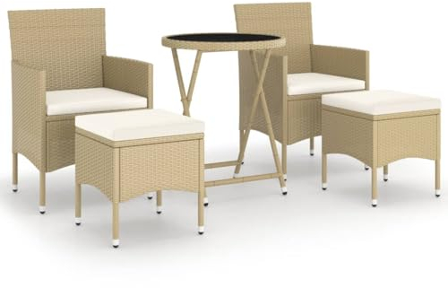 Makastle Bistroset 5-teilig, Bistrotisch Gartenstühle, Kleiner Gartenlounge Balkonset Gartengarnitur mit Kissen, Sitzgruppe im Garten und Balkon, Gartenmöbel Set, Poly Rattan und Hartglas Beige