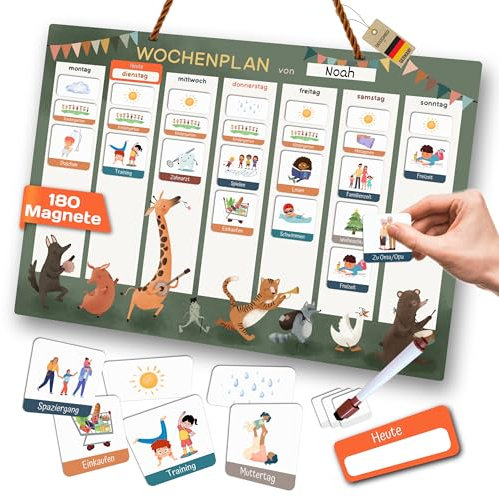 RiyeoTree® Wochenplaner Kinder - Tagesplaner Kinder Routine & Montessori Magnettafel - inkl. 180 Magneten, Stift & Kordel - Endlich Routine im Kinderalltag