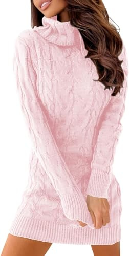 Ebifin Robe Pull pour Femme élégante Col roulé Robe Hiver Casual Manches Longues Sweat Pull Laine., Rose, S