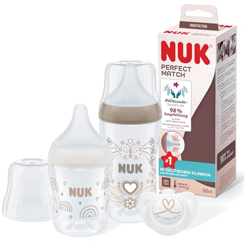 NUK Perfect Match Babyflaschenset| Ab 3 Mon.| Passt sich dem Baby an| Temperature Control| Anti-Colic-Flaschen & Schnuller| 150 ml & 260 ml| BPA-frei | Silikontrinksauger| Regenbogen & Herz| 3 St.