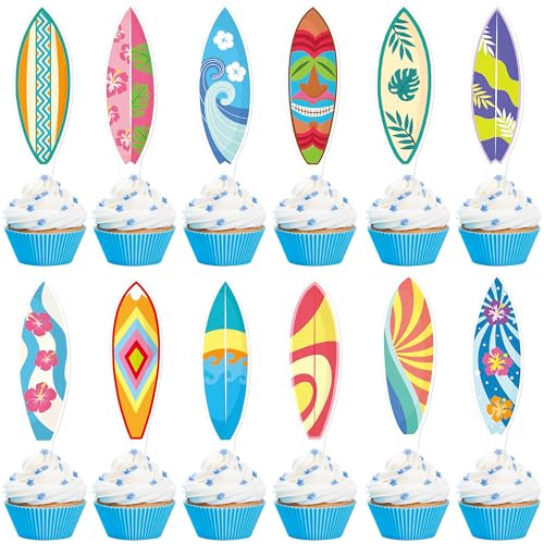 Blumomon 36Pcs Surfboard Cupcake Toppers Summer Surfing Cake Decorations Picks Surfboard Thems Summer Beach Party Birthday Baby Shower Party Supplies