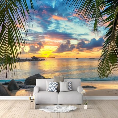 Fotomurales no tejido Puesta De Sol Junto Al Mar Palmeras 350x256 cm Papel Pintado Decoración de Pared moderna, Murales póster efecto 3D, Decorativos Murales para Dormitorio Salón TV Pared