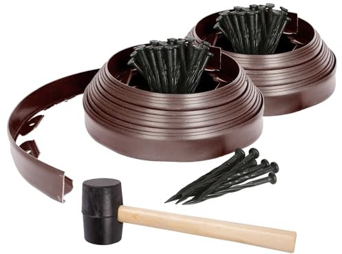 Harbour Housewares 20m Flexible Lawn Edging with 80 Pegs & Mallet - Brown - Plastic Garden Edging Grass Border Flower Bed Stone Path Edge Height 4cm Patio Landscaping Divider Palisade