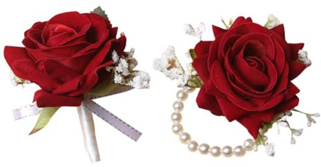 JIHUOO Ansteckblume und Ansteckblume mit roten Rosen, 2-teiliges Set, Handgelenk-Ansteckblumen, Hochzeits-Boutonniere für Herren, künstliche Blume, Boutonniere, Abschlussball, Corsage, Armband für