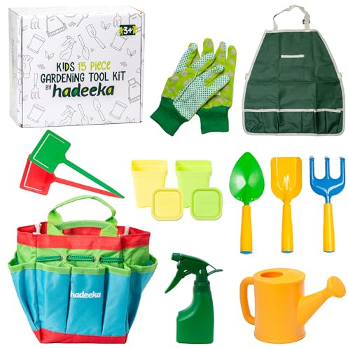 Hadeeka Kit completo di attrezzi da giardino per bambini, 15 pezzi, con attrezzi, grembiule, guanti, annaffiatoio, vasi, piattini e borsa in tela, per ragazzi e ragazze