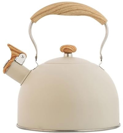 Bouilloire sifflante beige de 2,5 l avec poignée pliable en bois, théière en acier inoxydable 304 pour cuisine, appareils ménagers, camping, ustensiles de cuisine