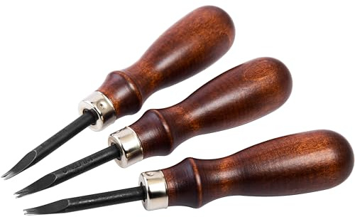 WUTA Taglierina per bordi in pelle, 3 pezzi, professionale, in acciaio al carbonio, manico in legno (0,8 mm + 1,0 mm + 1,2 mm)