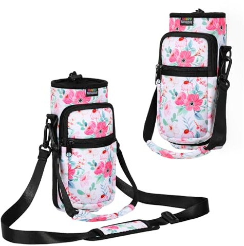 Nuovoware Magnetic Gym Bag, 750ml Water Bottle Carrier Holder, Adjustable Shoulder Strap 2 Pocket Sports Sling Neoprene Sleeve for Hiking Travelling Camping, Floral Pink