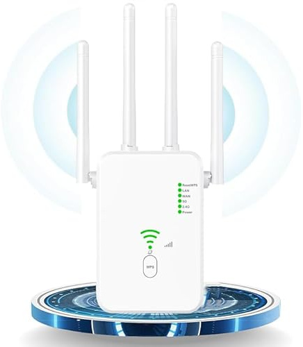 2025 1200Mbit/s WLAN Verstärker, WLAN Repeater Dual Band WiFi Verstärker Signalverstärker mit 1 LAN Port, 1 WAN Port, WPS,3dBi x4 Antennen kompatibel zu Allen WiFi Geräten