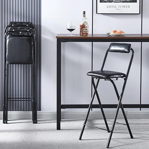Sgabello da bar pieghevole portatile for la colazione, comodo sgabello alto rotondo imbottito, sgabelli da bar alti pieghevoli for sala giochi da cucina, capacità di 220 libbre(Nero,70cm (28inch))