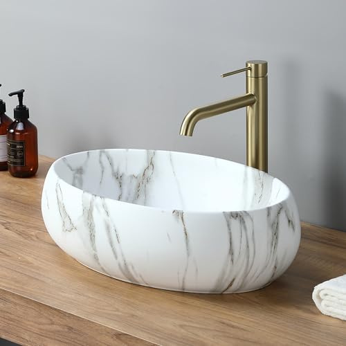 DILECI – Vasque Ovale Creuse Blanche Effet Marbre 48x35x14,5 cm – Lavabo à Poser Design Haut de Gamme – Finition Imitation Marbre Italien – Idéal Salle de Bain Élégante et Facile d’Entretien