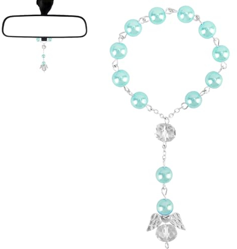 Perlen Schutzengel Autospiegel Anhänger,Kristall Deko für Auto Innenraum, Guardian Angel Geschenk mit Rosenkranz Design,Glücksbringer & Auto Zubehör für Führerschein Bestanden (Blau)