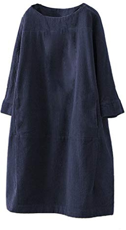 Robes pour femmes avec poches en velours côtelé - Couleur unie - Manches longues - Robe ample décontractée - Maxi robes pour femmes, bleu marine, L