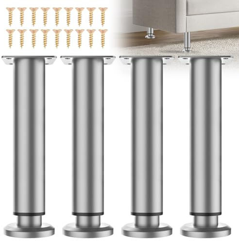 EUBSWA Pieds de Meuble Réglables 18-30cm Acier Inoxydable Gris Lot 4 | Supports pour lit, sommier, armoire, canapé. Base antidérapante, charge 300 kg. Vissage rapide. Anti-rayures