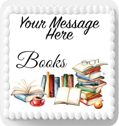 Personalised Message Books Reading Themed 7.5inch SQUARE Edible Icing Cake Topper Decoration. Perfect for large cakes