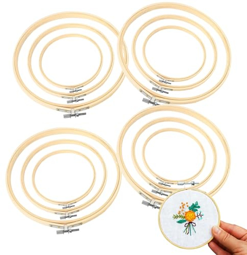 Set di 12 telai da ricamo in legno, regolabili, rotondi, lisci, senza sbavature, per ricamo a punto croce, 10 cm, 15 cm, 20 cm