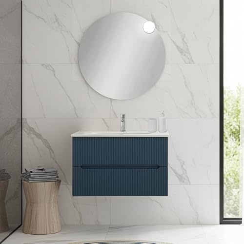 Inbagno Mobile Bagno Sospeso 80 Cm Blu Petrolio Cannettato Con Lavabo – Mobile Bagno Design Moderno Linea Bali