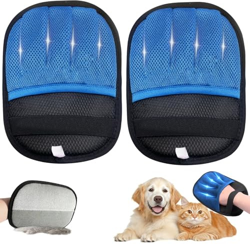 TOOHAO Tjocka statiska djurhårsborttagningshandskar som mild hund/kattborste, återanvändbar, uppgraderad päls-magnethandske för soffa, möbler, matta, bilsäte (blå, 2 stycken)
