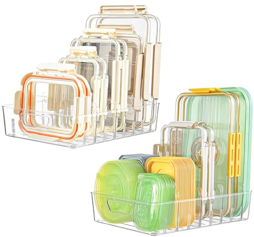 Unbr 2 Pack Food Container Lid Organiser, Clear Kitchen Cupboard Storage Box with Adjustable Dividers, Plastic Lid Holder for Food Storage Lids, Plates, Bowls, Chopping Boards, Trays & Light Pan Lids