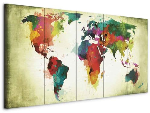 B&D XXL - Leinwandbild Abstrakt bunt Landkarte, 225x90 cm, 5-teilig, modern | Hochwertige Leinwand, sofort aufhängbar, ideal fürs Wohn- oder Schlafzimmer, wasserfest und lichtecht, langlebig, stilvoll