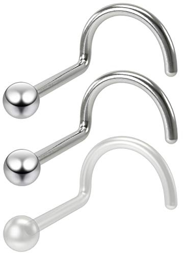 Bling Piercing 2pc 20g 2mm Nose Screw Surgical Stainless Steel Twist Corkscrew Nostril Stud Rings - Clear Retainer