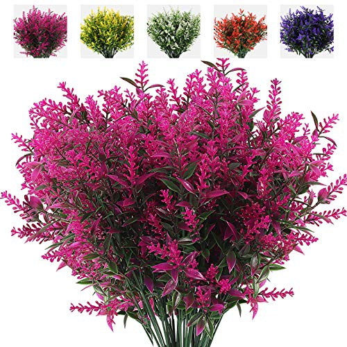 RECUTMS Artificial Flowers Plastic Fake Outdoor Plants Faux Lavender Flower | 8Pcs Spring Greenery Plants UV Resistant Decorative Artificial Faux Flower Indoor Outside Hanging Planter Home Garden Decor
