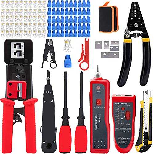 LEATBUY Crimper CAT5/CAT6 Crimping Tool Kit RJ45 Crimp Tool Set for RJ11/RJ12 Pass Through 50PCS Connectors, 50PCS Covers Network Wire Stripper Punch Down Tool Stripper Pliers Cutter(BLACK)
