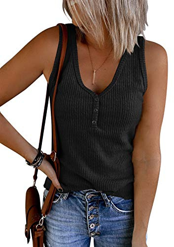 Saodimallsu Damen Tank Tops mit V-Ausschnitt Sommer Gerippte Ärmellose Henley Bluse Beiläufige Lose Geknöpfte Cami Strick T-Shirts Schwarz XL