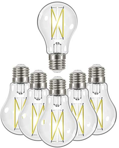 Satco (6 Pack) Dimmable LED Filament Lamps, S12418, High Lumens, 8 Watt, A19, Clear, Medium Base, 5000K Daylight, 90 CRI, 120 Volt for Use at Residential, Hospitality, Display and Commercial