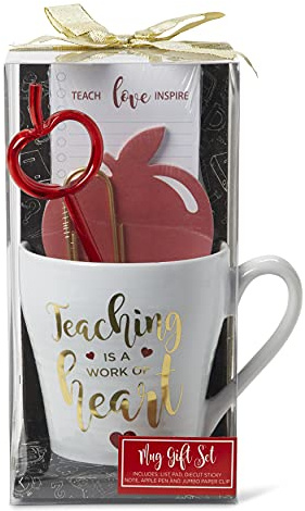 VOTUM Teacher Appreciation Gift for Women or Men - Bundle Includes Mug, Writing Pad, Apple-Shaped Pen and Sticky Notes, Jumbo Gold Paper Clip - Heart Coffee Cup - Teacher Appreciation Week Thank You