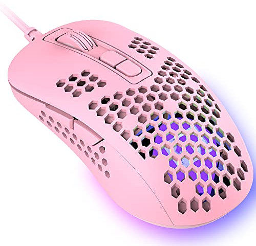 Souris de jeu filaire ultralégère, la coque en nid d'abeille légère, 4 de souris rétroéclairées respirantes RVB, 4 DPI réglables jusqu'à 2400, souris d'ordinateur optique USB pour les joueurs(Rose)