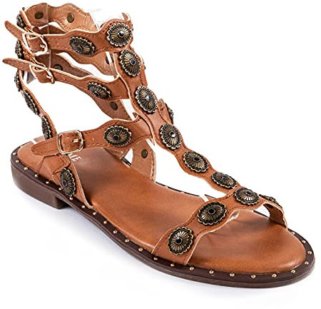 Toocool Gladiatore P2021-8 Damen-Sandalen mit flachen Nieten, Camel, 36 EU