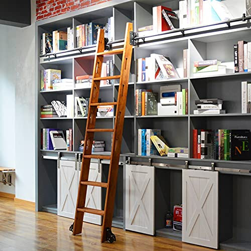 Schmiedeeiserne Rundrohr-Mobilleiter-Spur - Schiebe-Stalltür-Kit, Leiter Rolling Track Full Set Hardware für Home/Indoor/Loft/Bibliothek, mit schwarzen Bodenwalzen-Schieberädern (keine Leiter)