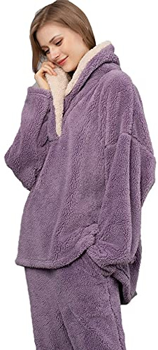 iyoimono Schlafanzug Für Damen 2-Set Pyjama Mit Lange Oberteile Und Hosen Polar Fleece Hausanzug Kuschelige Und Warmes Flanell Nachtwasche PjS Für Frauen Flanell Fleece für Winter Sleepwear