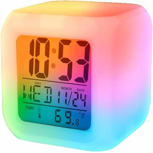 Retoo Sveglia digitale a 7 colori con grande display a LED con temperatura, data, snooze per bambini, ragazzi, ragazze, sveglia da viaggio con batteria backup, camera da letto, bianco