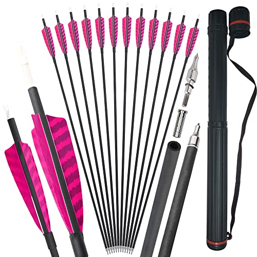 SHARROW 12Pcs Carbonpfeile 32 Zoll Carbon Pfeile für Bogenschießen Spine 500 Carbon Pfeile Carbon Jagdpfeile mit 4 Zoll Natürliche Federn Pfeile für Recurvebogen Compoundbogen (Rosa+Köcher)