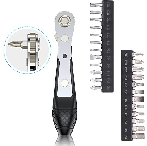 Steinwhale Lot de 25 mini embouts de tournevis à cliquet avec embouts hexagonaux de 6,35 mm en acier S2 usiné CNC, décalage à 36 dents réversible, poignée d'entraînement à angle droit de 90 degrés,