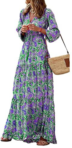 ticticlily Vestido Mujer Verano Boho Elegante Maxi Vestidos Manga Larga y Cuello V Estampado Floral Vestido Casual Playa Fiesta Vestidos Ocio Suelto Talla Grande C Verde L