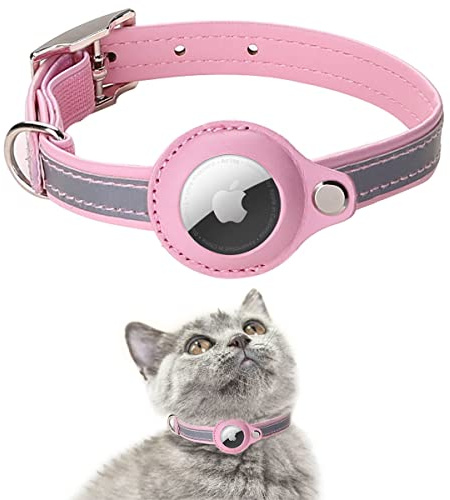 AgoumLux Airtag Katzenhalsband Reflektierend Air Tag Katze Halsband Leder für GPS Tracker Integriertes Verstellbarer Collar, Pink, M